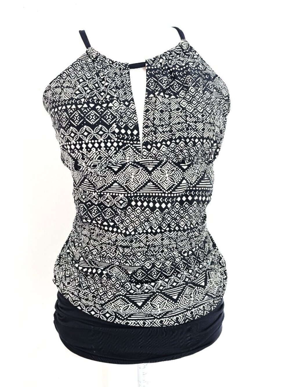 Kona Sol Black White Halter Peep Front Aztec Tankini Top Women Size XL